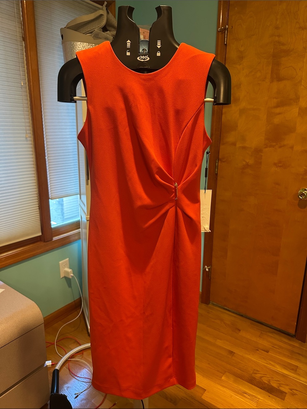 Calvin Klein Sleeveless Orange Sheath Dress with Sunburst Pleat